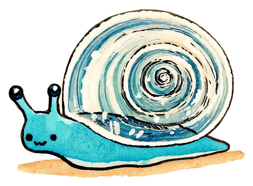 Dewey, a blue snail carrying a large spiral shell