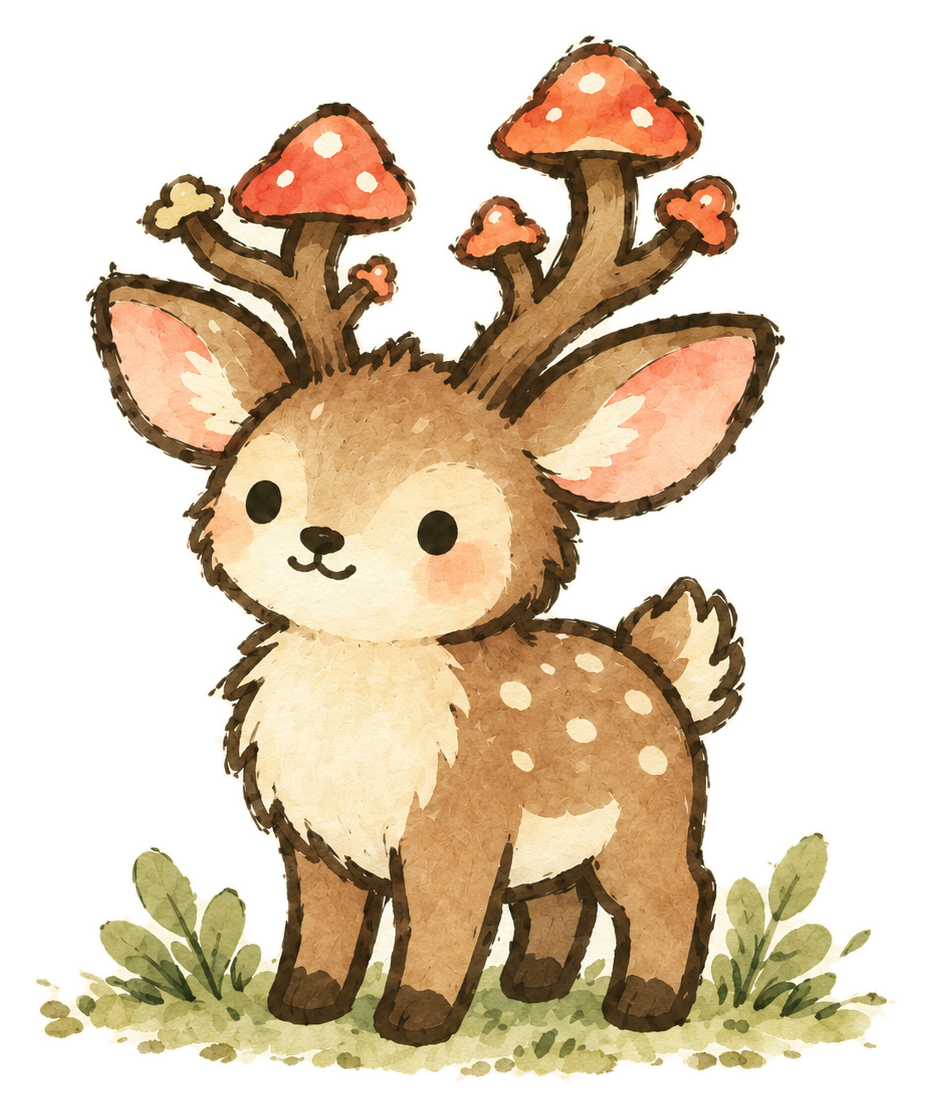 Mycoru, a friendly deer with little red mushrooms growing from their antlers