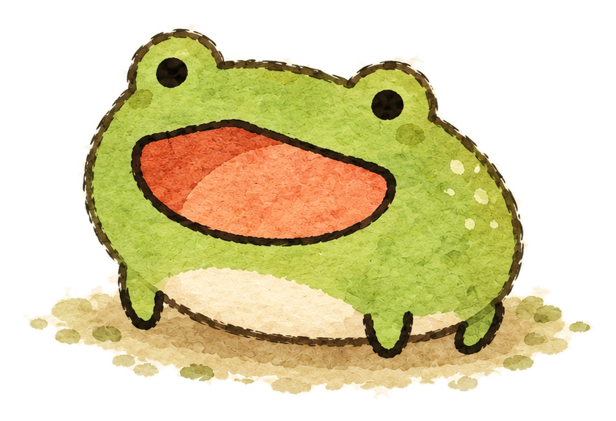 Pip, a smiling green frog